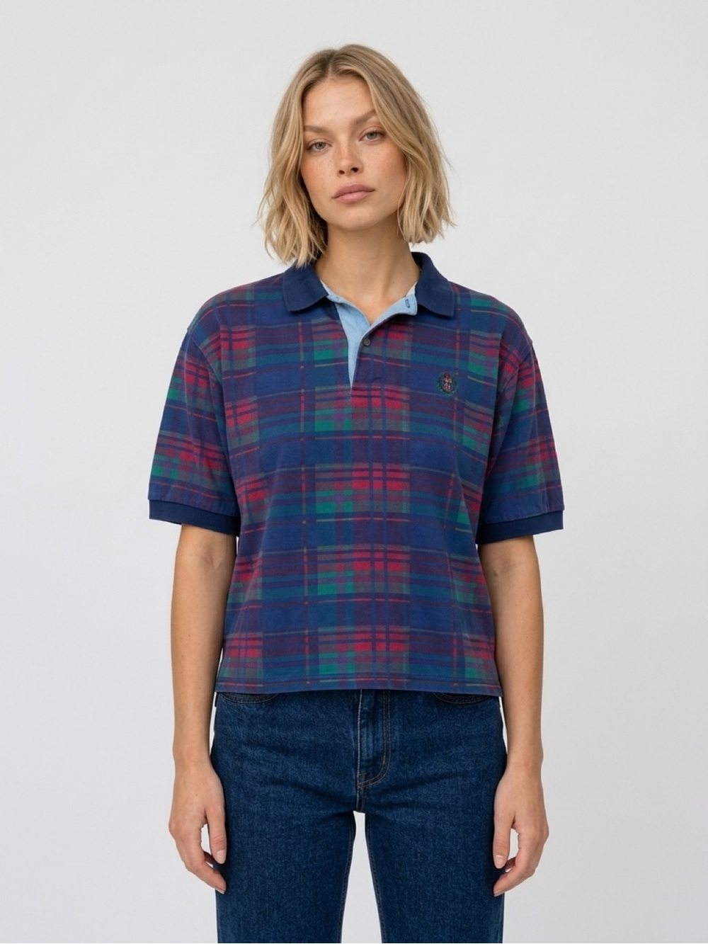Ralph Lauren Blue Plaid Polo Shirt with Red & Green Accents